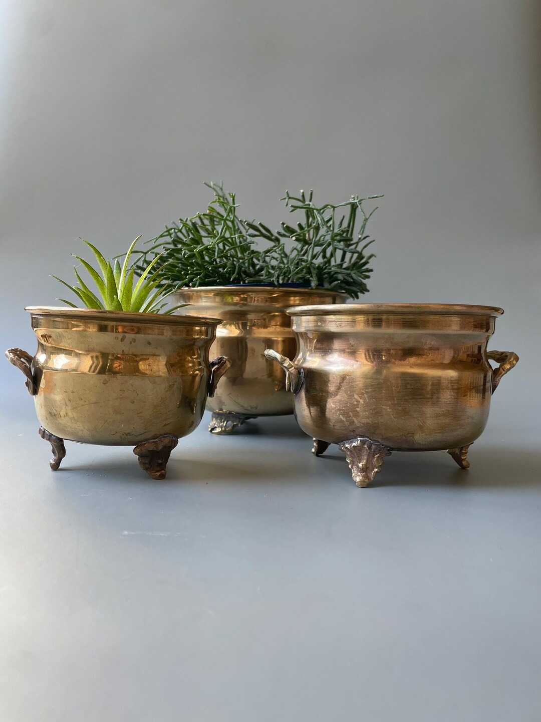 Set of 3 Small Vintage Brass Pedestal Bowls / Rustic / Planter Raised on Pedestal Legs / Home Dec... | Etsy (US)