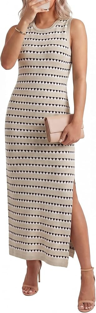 OUGES Women's 2026 Summer Maternity Dress Knit Sleeveless Crewneck Midi Dress Side Slit Striped B... | Amazon (US)