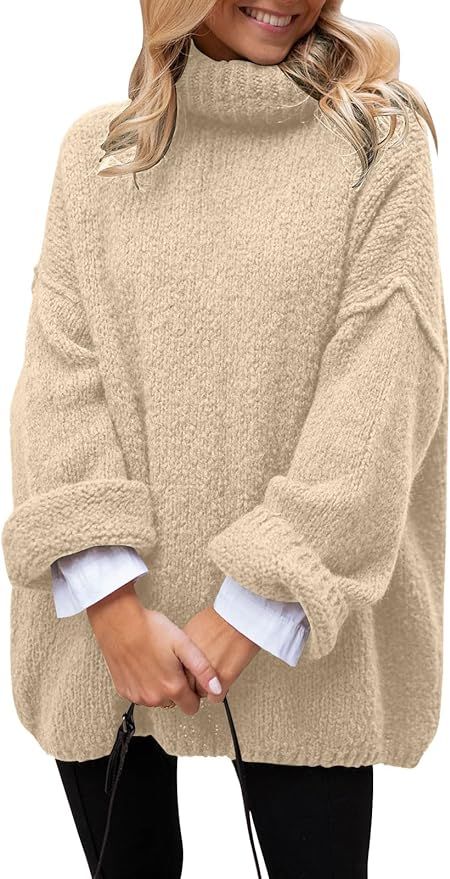 LILLUSORY Women's 2023 Fall Turtleneck Long Sleeve Oversized Knit Pullover Slouchy Sweaters Tunic... | Amazon (US)