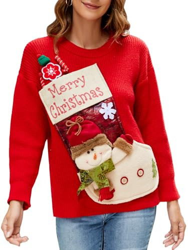 IFFEI Womens Ugly Christmas Sweater Funny Print Crew Neck Novelty Sweater Red-Socks L | Amazon (US)