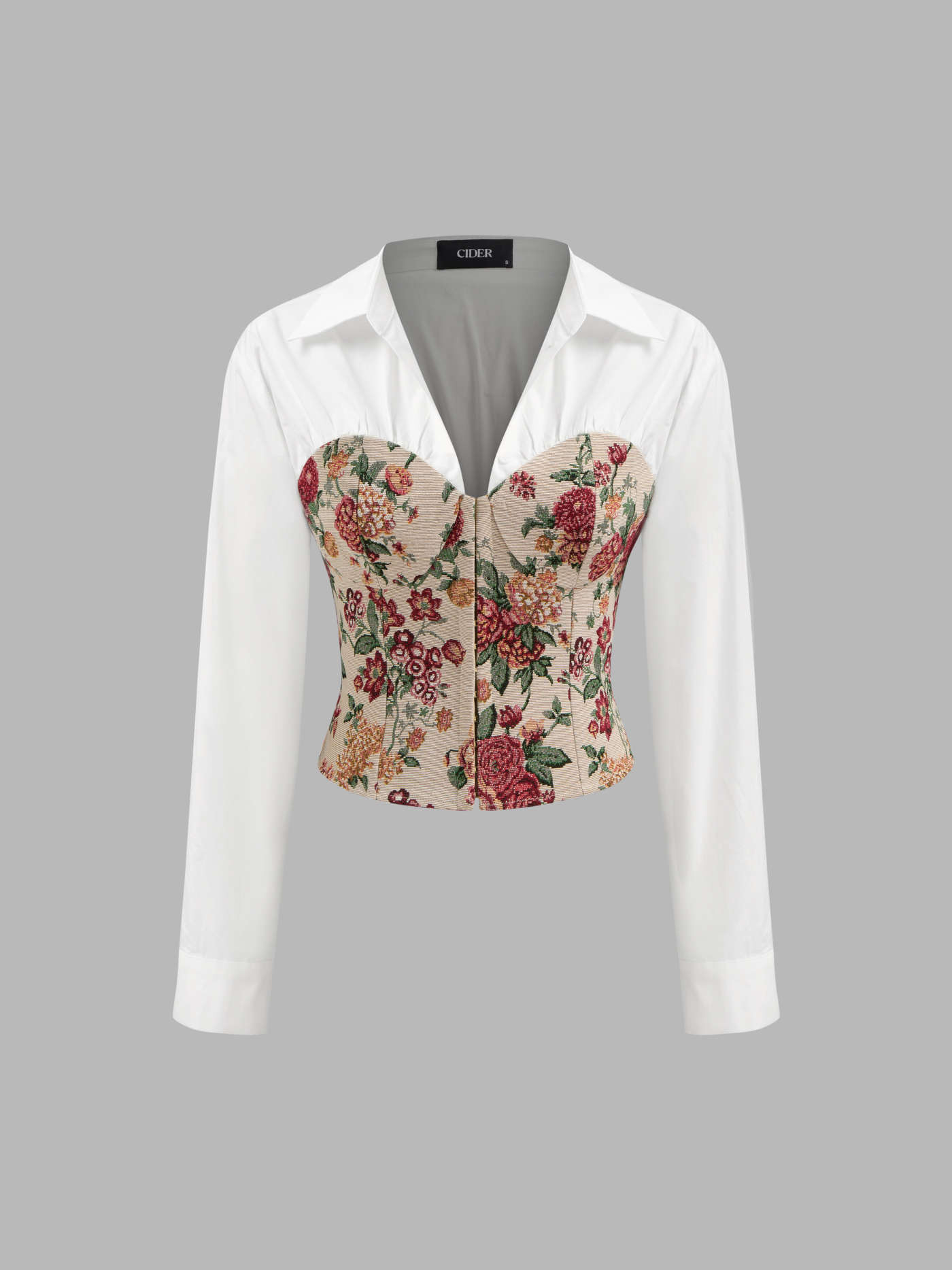 100% Cotton V-neck Collar Floral Patched Corset Long Sleeve Blouse | Cider