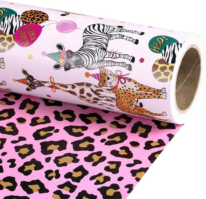 RUSPEPA Reversible Birthday Wrapping Paper Roll, Mini Roll, Safari Animals Party Design & Pink Le... | Amazon (US)