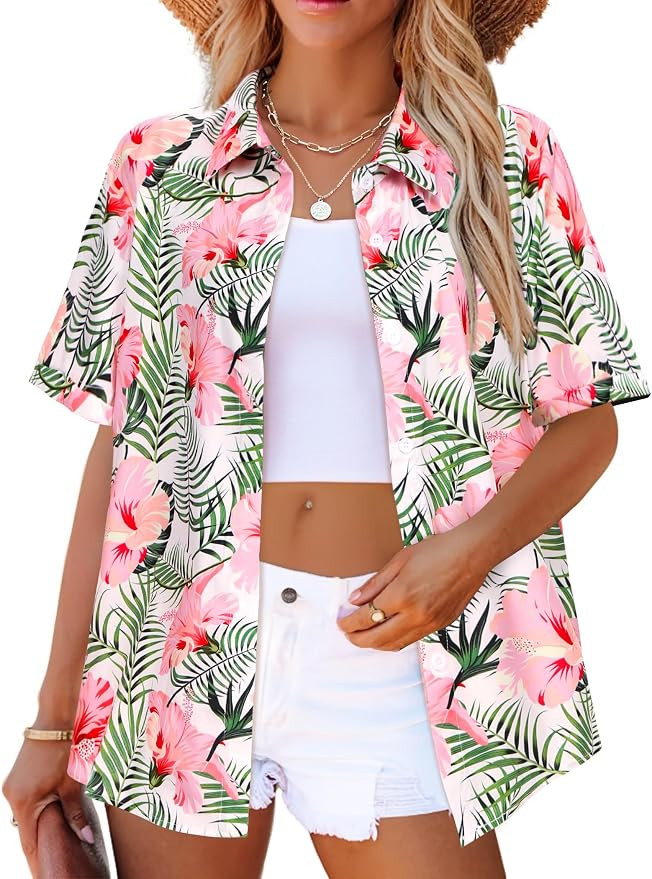 Zeagoo Womens Hawaiian Button Down Shirts Short Sleeve Casual Floral Tropical Shirt Summer Beach ... | Amazon (US)