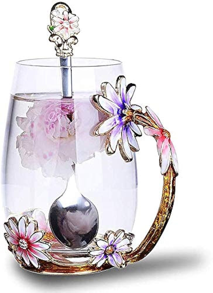 Luka Tech Enamel flower Lead-free Glass Coffee Mugs Tea Cup with Steel Spoon, Best Birthday Gifts... | Amazon (US)