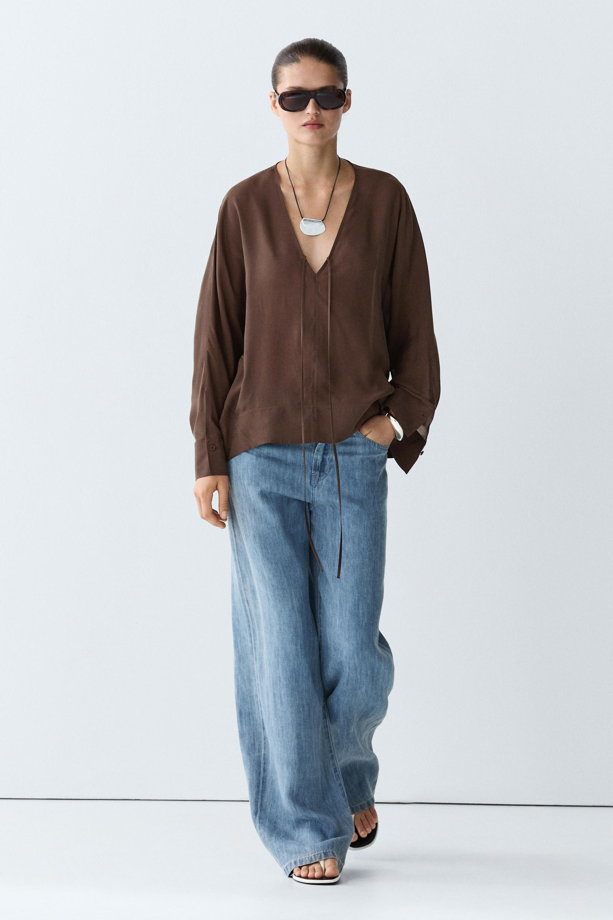 Fluid V-neck tie-front blouse | Massimo Dutti UK