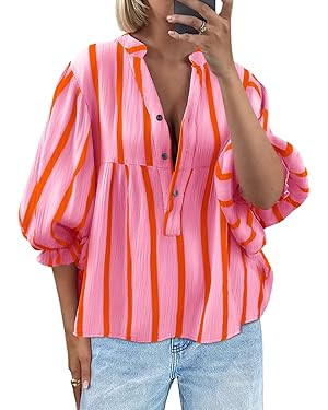 Tankaneo Womens Puff Sleeve Babydoll Tops Summer V Neck Striped Blouse Cute Casual Loose Fit Flow... | Amazon (US)