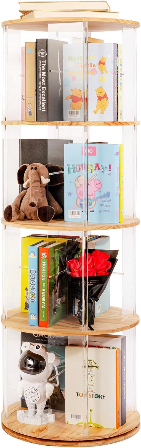 360° Rotating Bookshelf, 4-Tier Spinning Book Shelf Tower with Solid Wood & Clear Acrylic, Round... | Amazon (US)