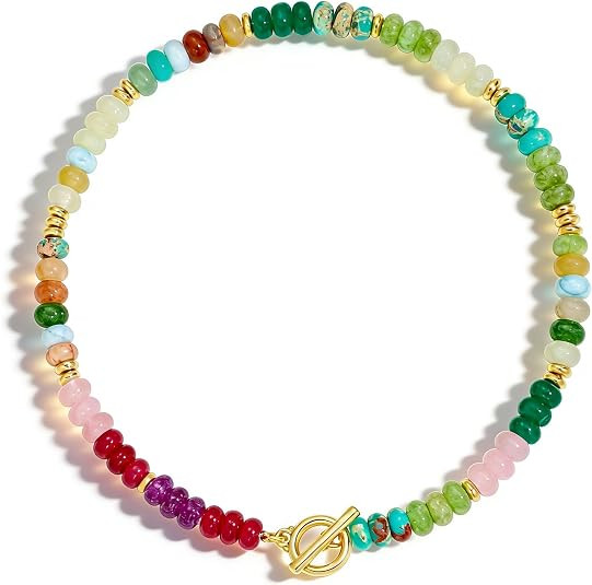 Colorful Beaded Necklace for Women Gemstone Bead Chokers Toggle Boho Natural Stone Surfer Necklac... | Amazon (US)
