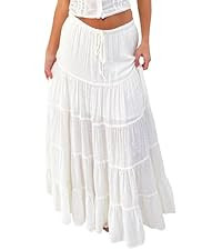 White Maxi Skirt for Women Casual Elastic Waist A-Line Pleated Summer Boho Beach Long Skirts | Amazon (US)