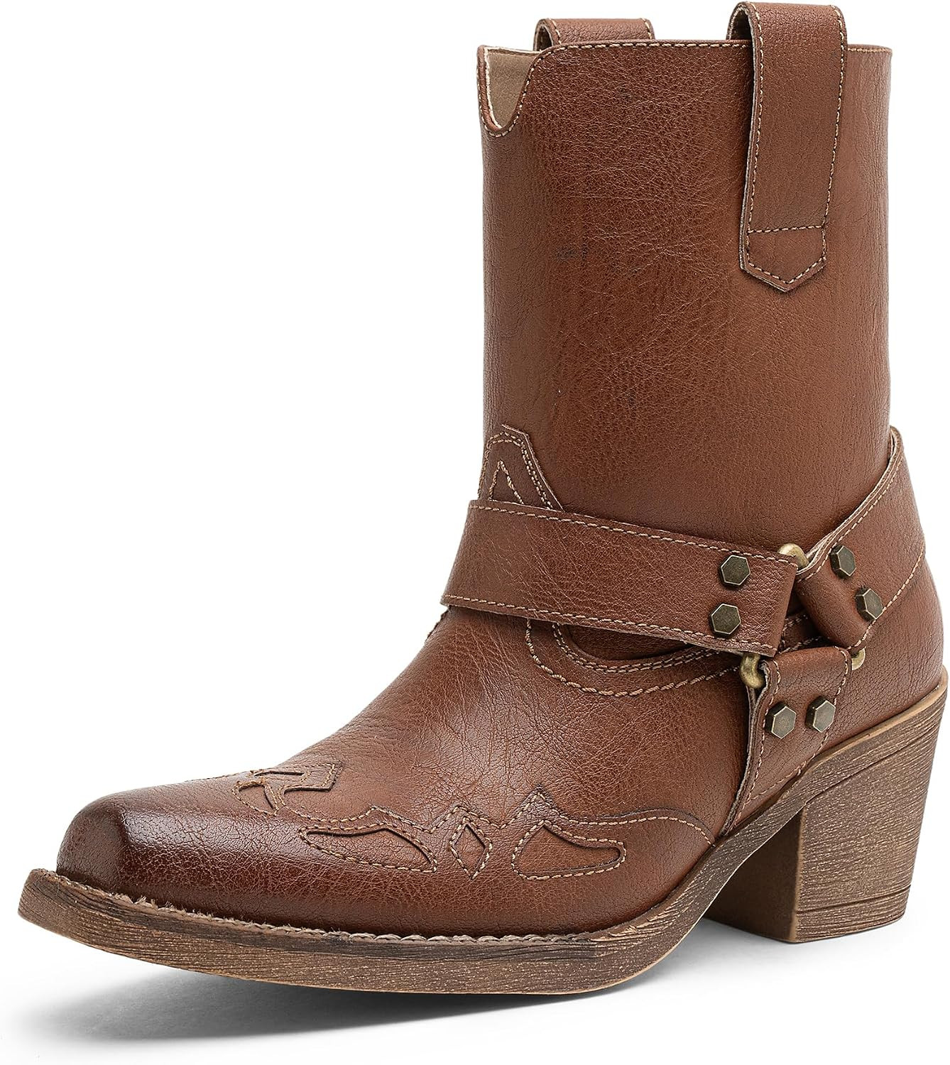 Women's Western Ankle Booties with Studded Strap and Block Heel | Amazon (US)