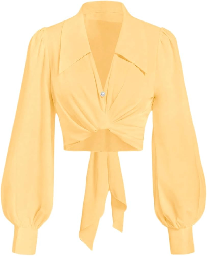 SweatyRocks Women's Button up Collar Cropped Shirt Long Sleeve Self Wrap Crop Top Blouse | Amazon (US)