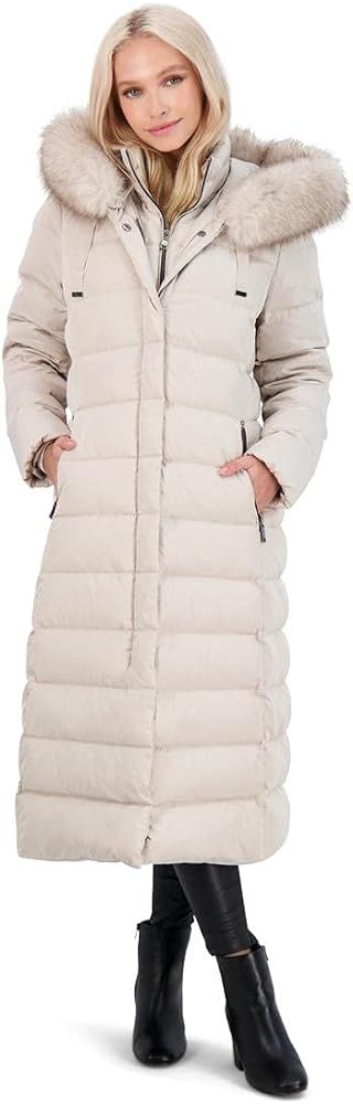 TAHARI Nellie Womens Removable Faux Fur Trim Long Down Coat Jacket Ivory Size XS | Amazon (US)
