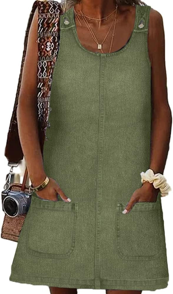 BZB Women's Sleeveless Casual Denim Dress Crewneck Vintage Loose Jean Overall Dress with Pockets | Amazon (US)