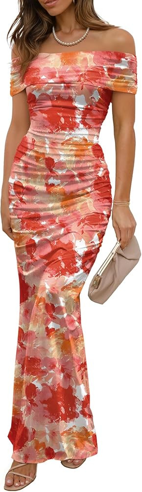 Wedding Guest Dresses for Women 2026 Floral Formal Cocktail Maxi Styles Off The Shoulder Stretch ... | Amazon (US)