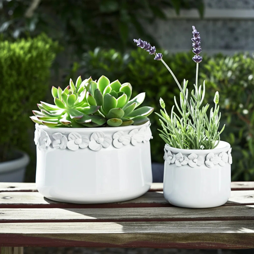 Planter Ceramic Round With Sculpted Floral Rim Detailing And Drainage Hole For Decorative Display... | Wayfair North America