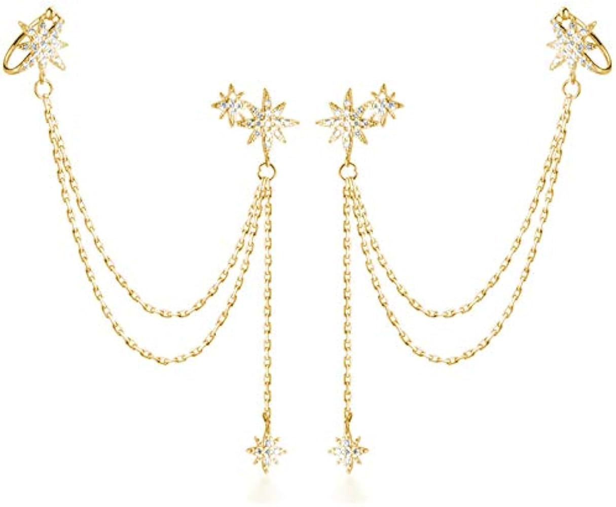 SLUYNZ 925 Sterling Silver Fashion Star Cuff Earring Chain for Women Teen Girls Star Crawler Earr... | Amazon (US)