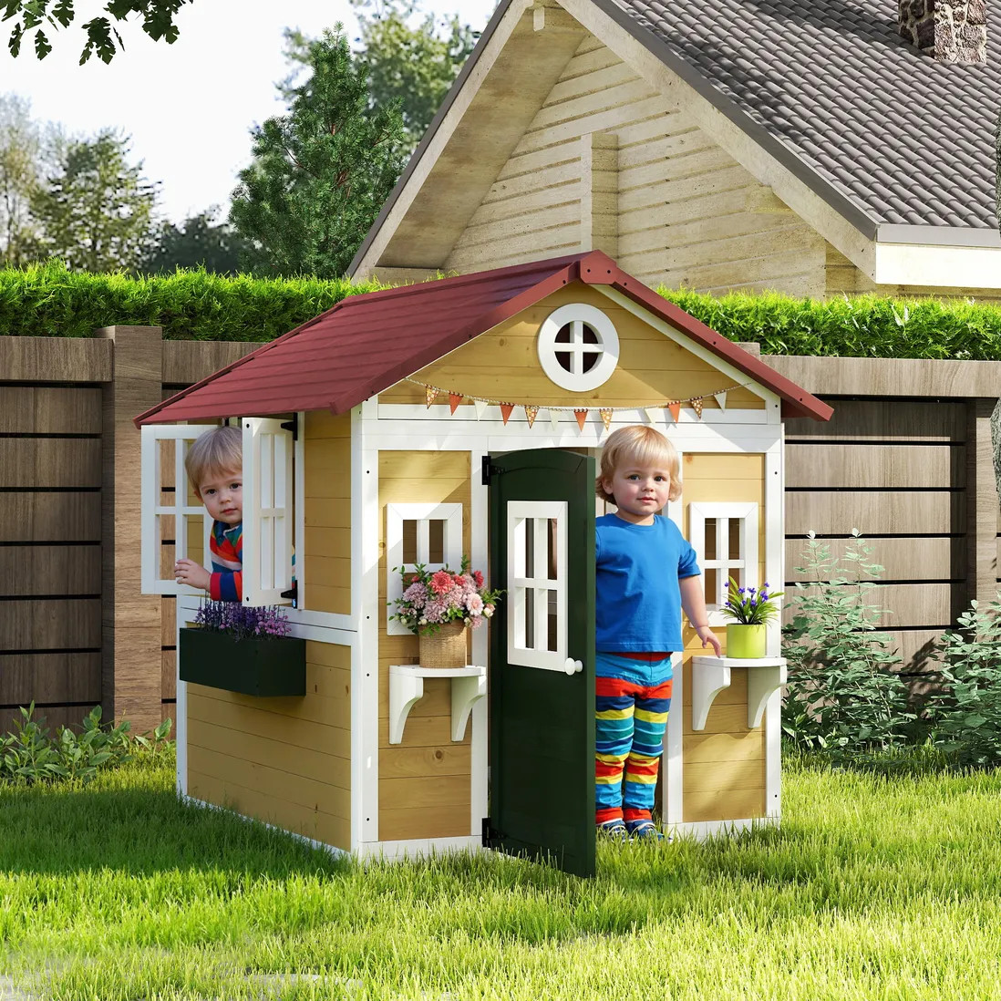 Outdoor Toys | Wooden Playhouse with Doors, Wooden, Plant Pots for Kids - Beige | OUTSUNNY | Debenhams UK
