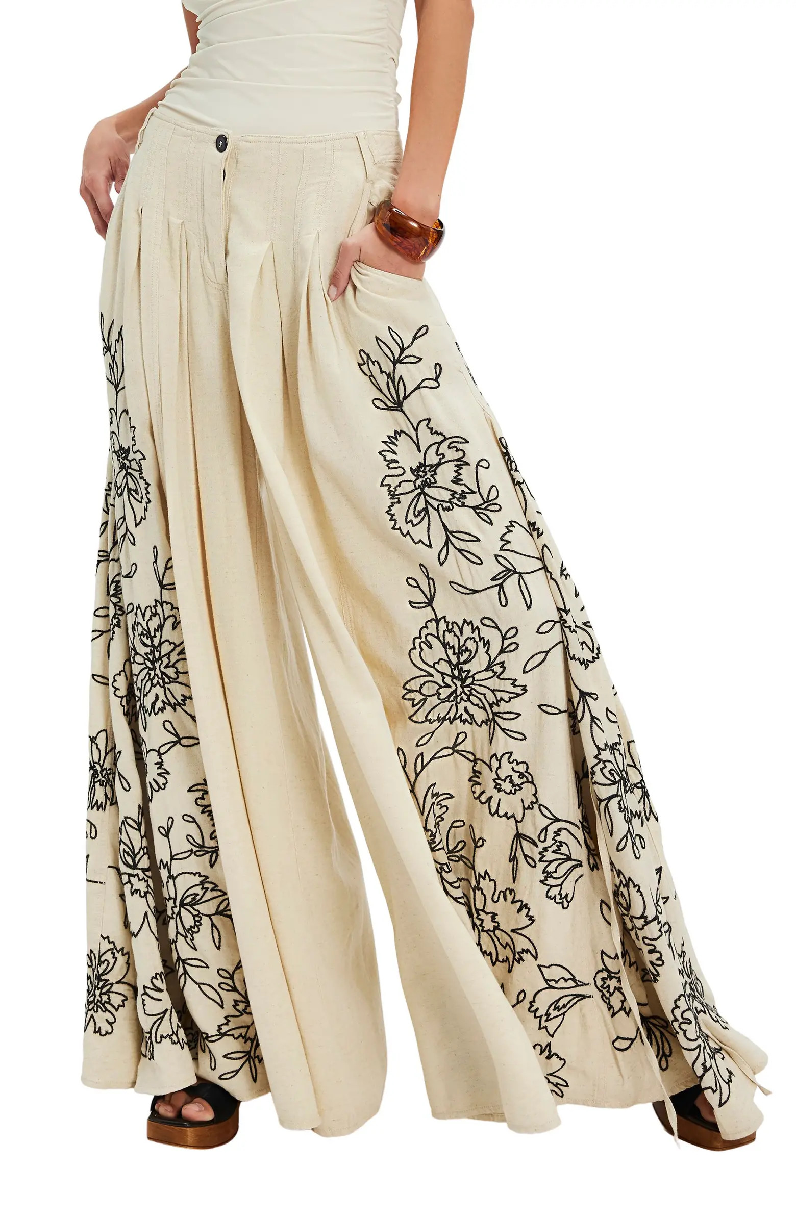 What You Know Floral Embroidery Wide Leg Pants | Nordstrom