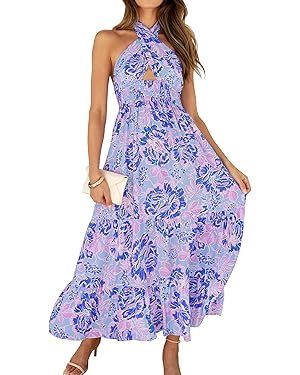 ZESICA Women's 2024 Summer Crossover Halter Neck Sleeveless Plaid Cut Out Backless Flowy A Line M... | Amazon (US)