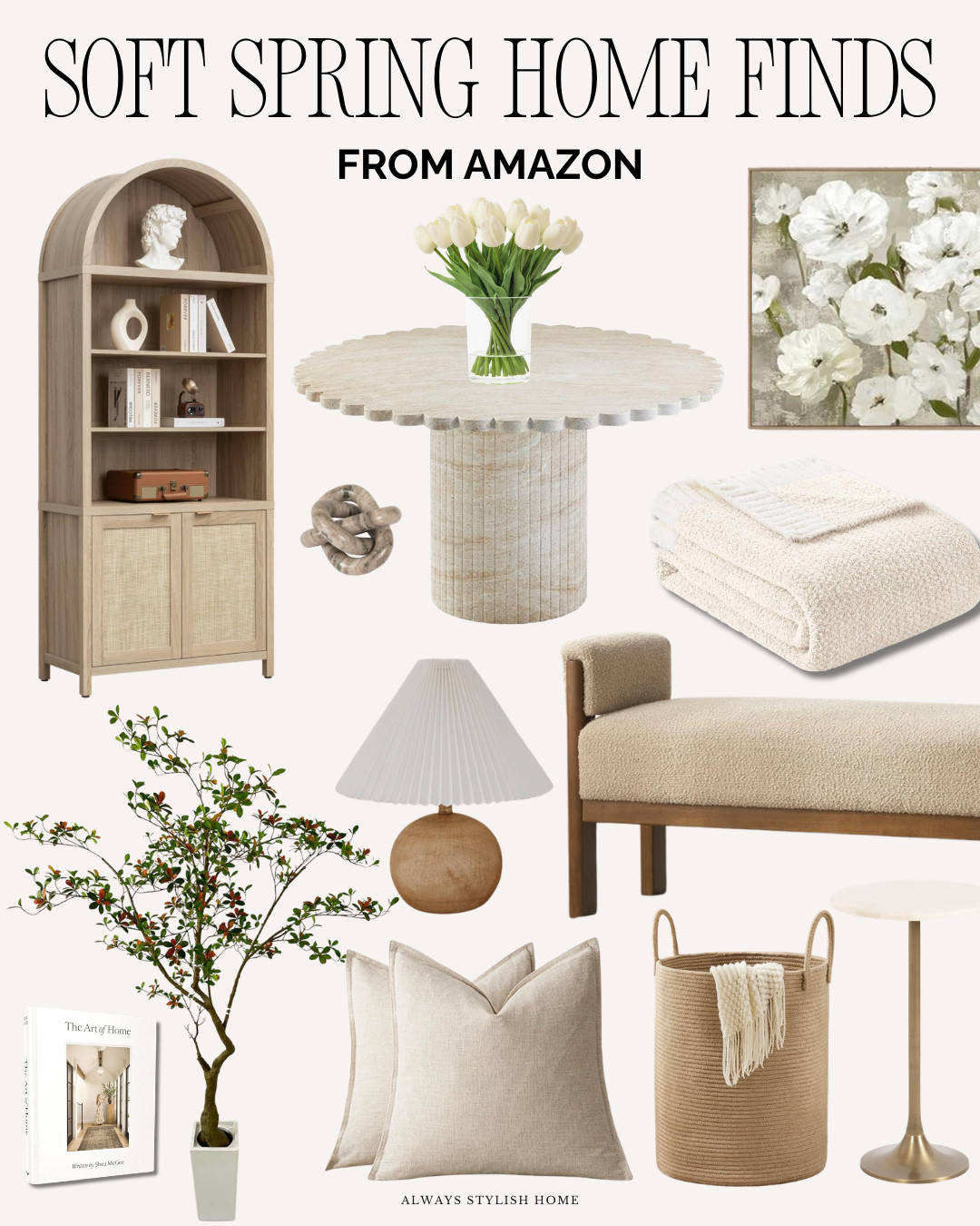 soft spring home finds from amazon, Neutral and simple styling, marble dining room table, bookcase, rattan bookshelf, organic modern home decor, bench, wood lamp, table lamp, cozy blanket, canvas art, canvas wall art 

 #LTKSeasonal #LTKHome