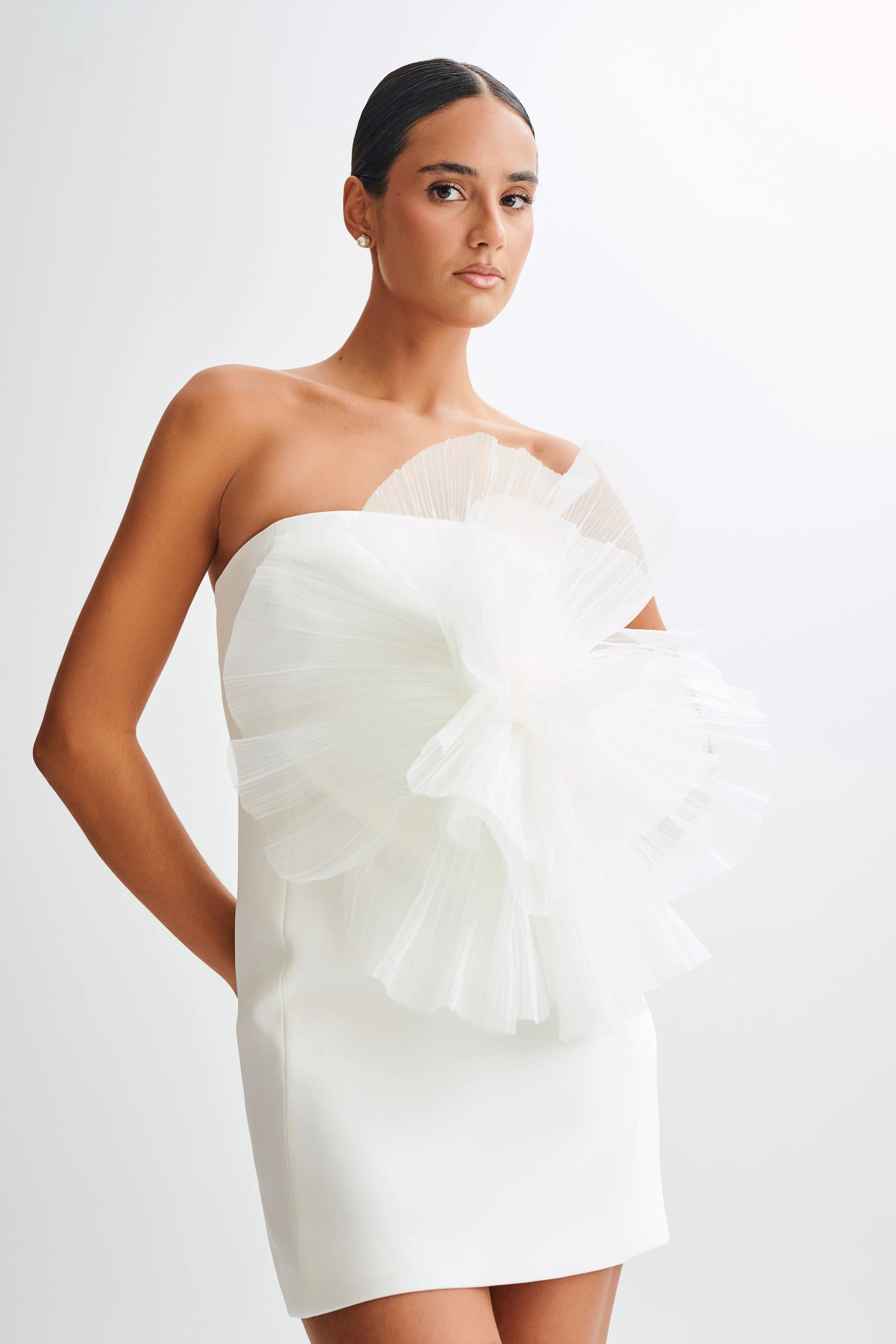 Victoria Strapless Mini Dress With Oversized Flower - White | Meshki (APAC)