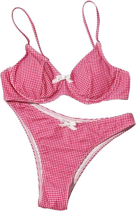 SweatyRocks Women's 2 Piece Bikini Set Plaid Bowknot Gingham Bikini Swimsuit High Cut Cute Bikini | Amazon (US)