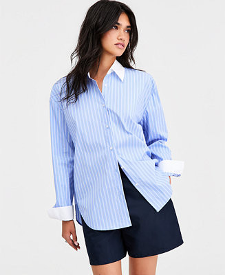 Women's Contrast-Collar Striped Shirt, Macy's Exclusive | Macy's
