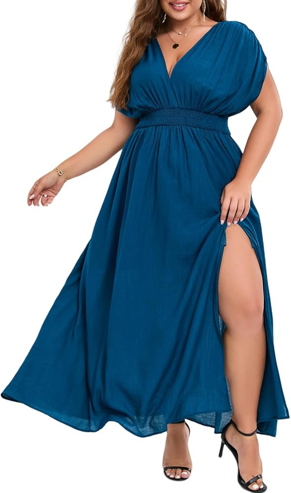 Plus Size Maxi Dress for Women Fall 0XL-4XL V Neck Short Sleeve A-Line Slit Flowy Casual Guest Lo... | Amazon (US)