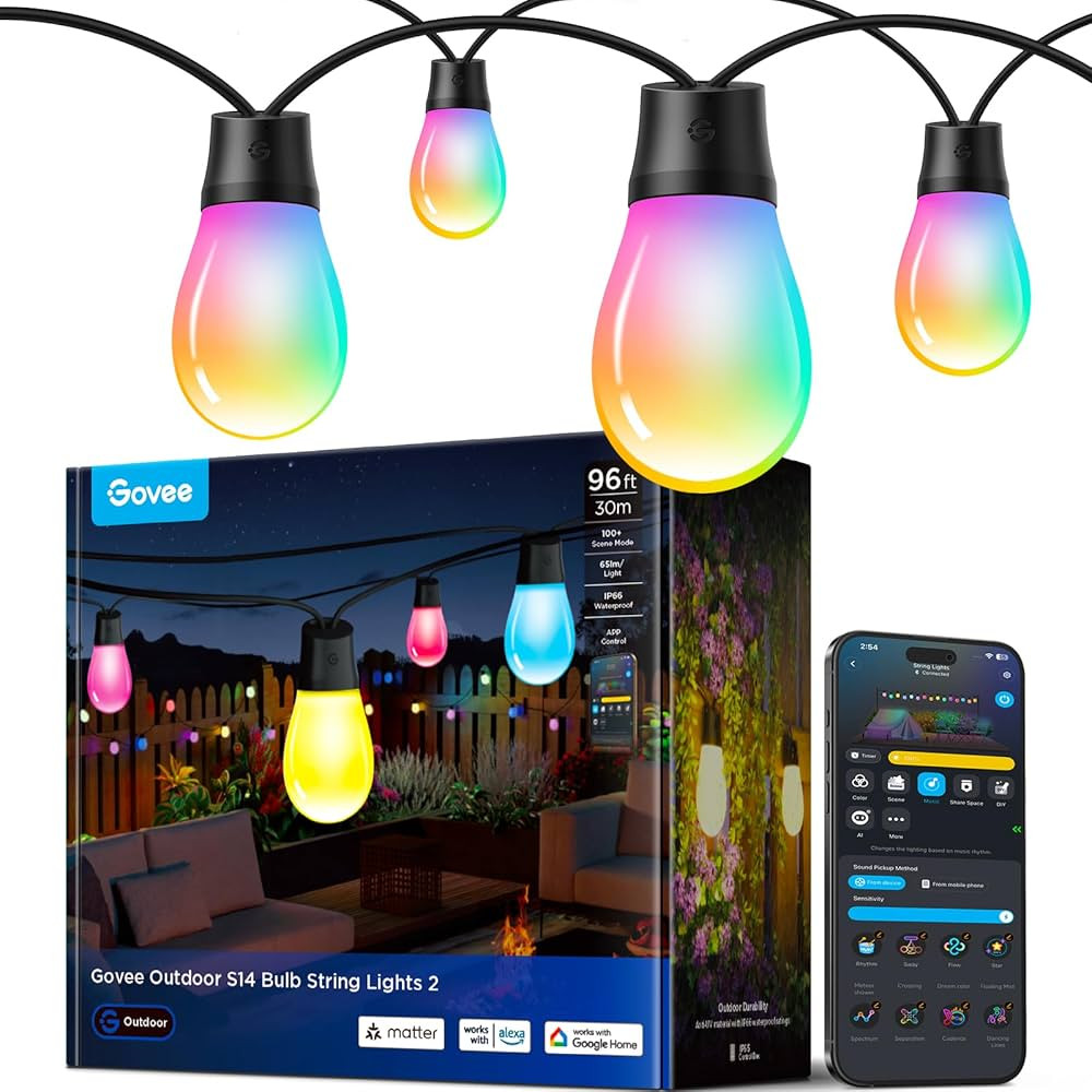 Govee S14 Bulb Outdoor String Lights 2, 96ft Smart RGBIC Warm White Patio Lights with 30 LED Bulb... | Amazon (US)