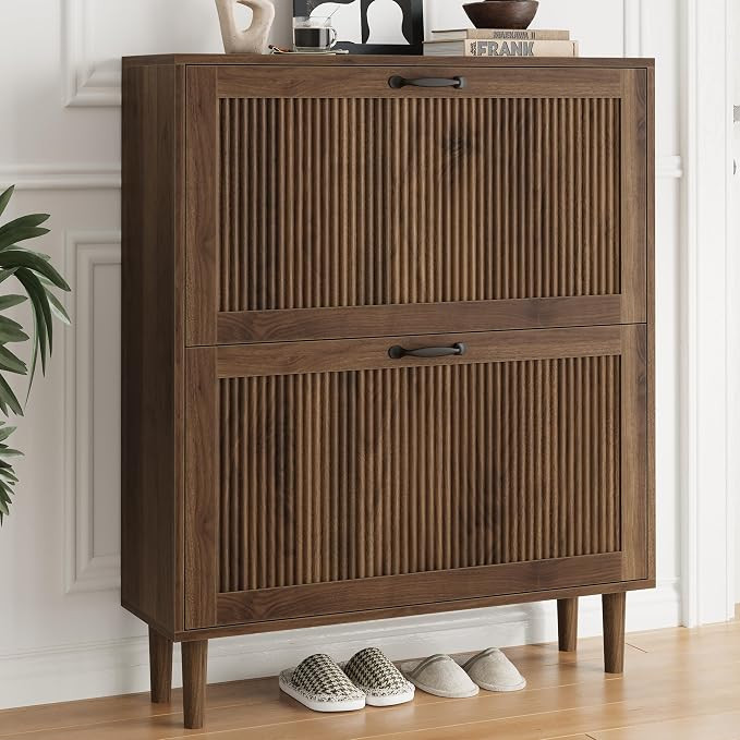 Smuxee Walnut Shoe Cabinet with 2 Flip Drawers, 31.5" Hidden Shoe Storage Cabinet with Small Flut... | Amazon (US)