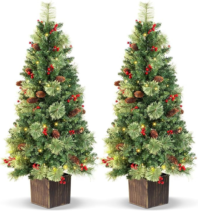 4FT Outdoor Christmas Tree with Lights in Vintage Potted Base, Battery Operated Xmas Tree with Ce... | Amazon (US)