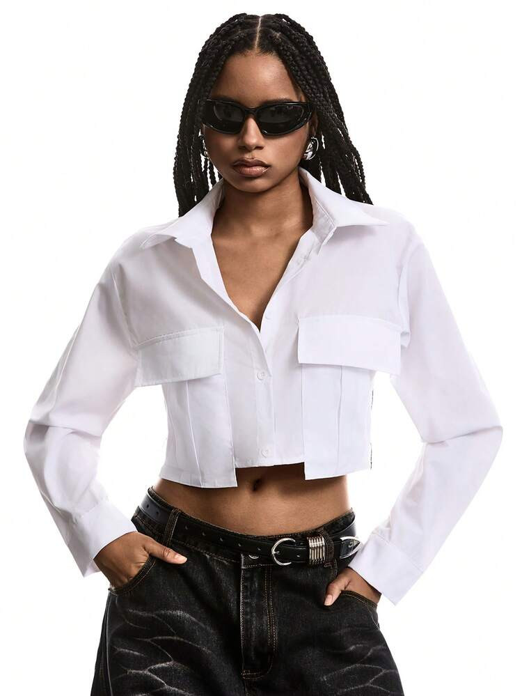 LYSMO Summer Outfits Flap Pocket White Button Front Crop Shirt | SHEIN