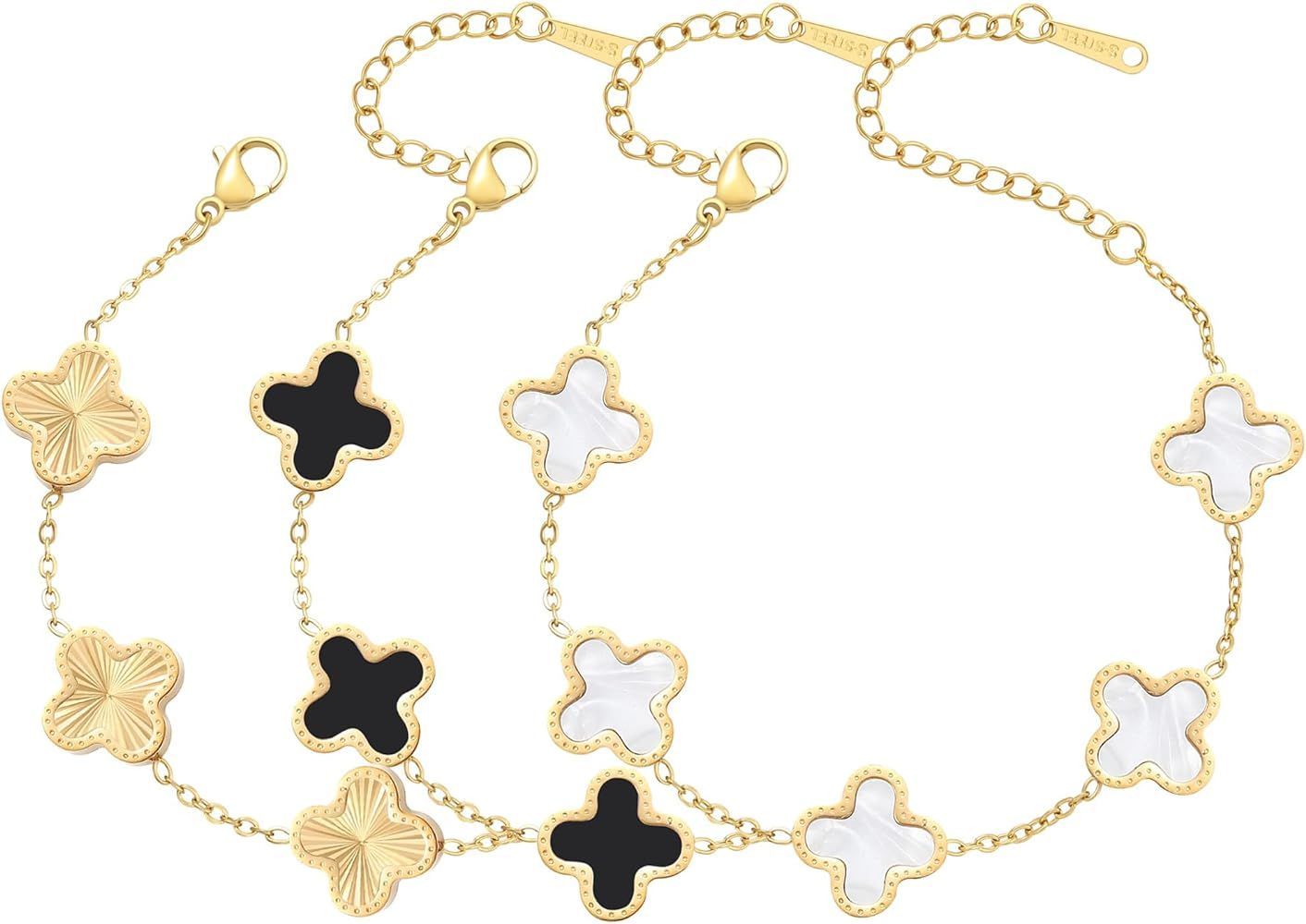 18K Gold Plated Bracelet Gold/White/Black Clover Bracelet Set for Women Four Leaf Lucky Bracelets... | Amazon (US)