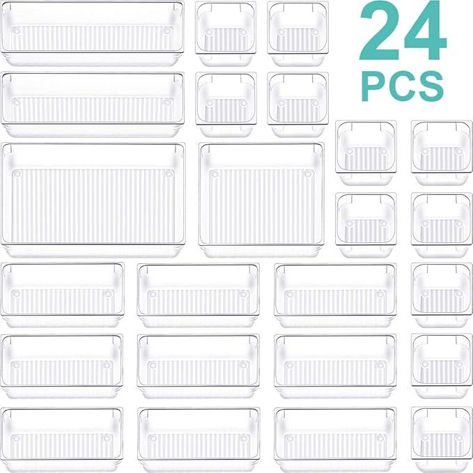 24 PCS Drawer Organizer Plastic Makeup Drawer Organizer 5 Size Silverware Drawer Organizer Versat... | Amazon (US)