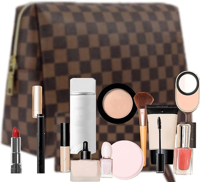 Makeup Bag, Cosmetic Bag, Portable Leather Large Checkered Makeup Bag, 2 Pack Large Capacity Trav... | Amazon (US)