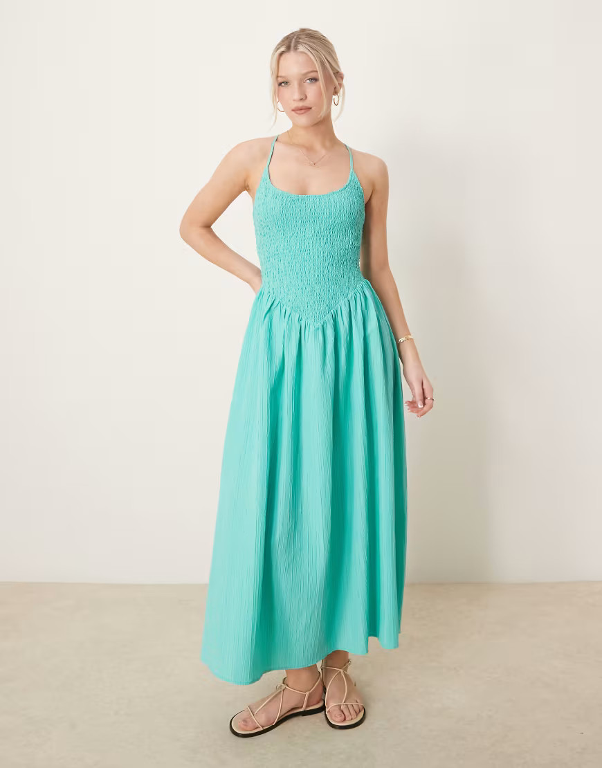ASOS DESIGN scoop neck crinkle maxi dress with cross back in aqua blue | ASOS (Global)