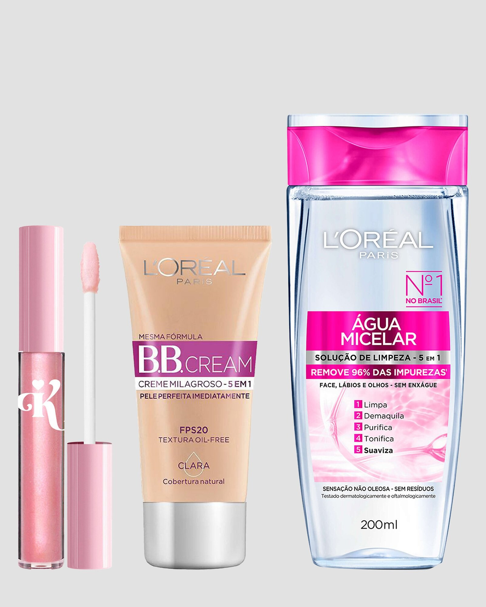 Kit água micelar 200ml + base BB Cream clara 30ml + gloss labial 3,5g | L'Oréal Paris + Karen B... | Riachuelo (BR)
