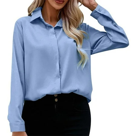 BDDVIQNN Women s Casual Shirts Tops Women s Blouse Lapel V Neck Long Sleeve Casual Work Blouse Shirts Tops Sky Blue XL | Walmart (US)