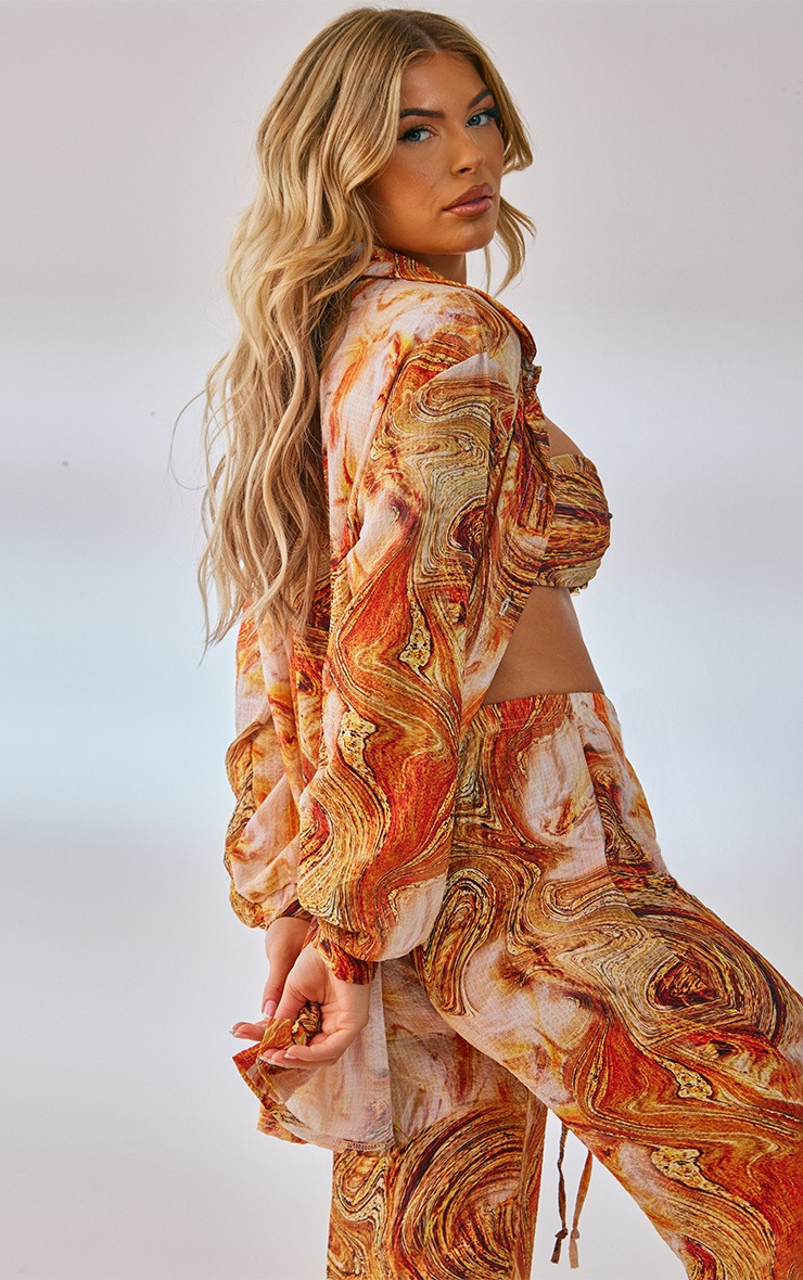 Orange Marble Print Crinkle Textured Oversized Shirt | PrettyLittleThing US