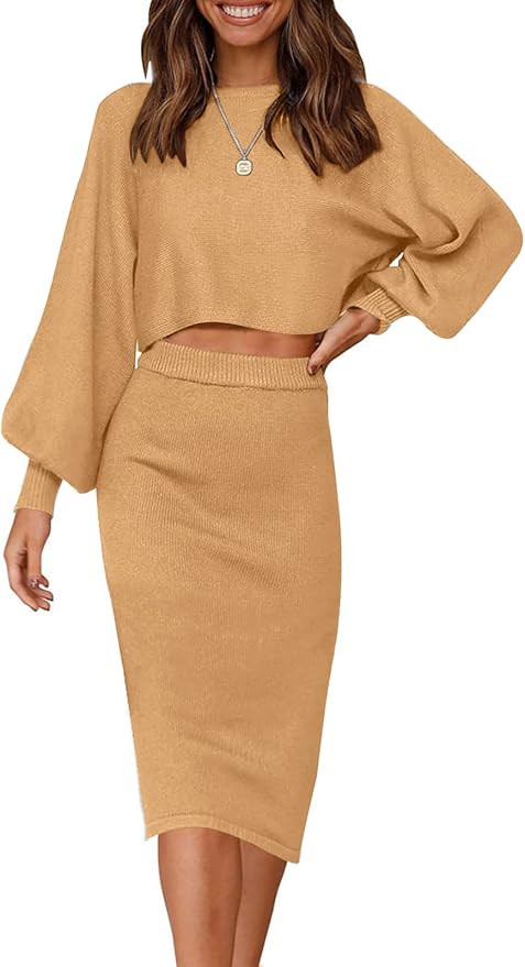 ZESICA Women's Casual Two Piece Outfits Long Sleeve Ribbed Knit Top and Bodycon Midi Skirt Oversi... | Amazon (US)