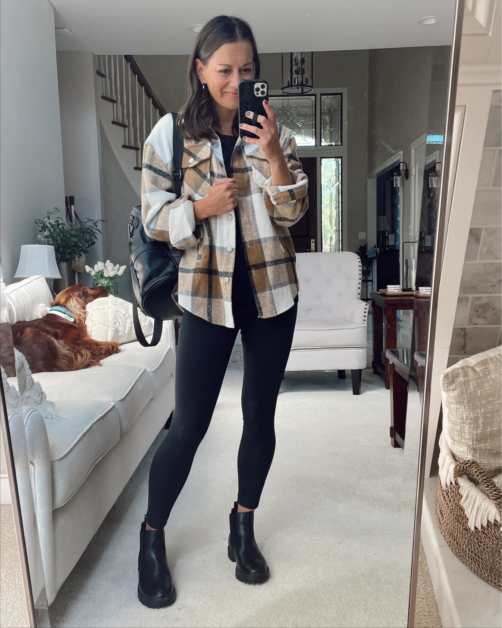 Fall outfit - shacket (true to size wearing a small), KC leggings (true to size wearing a small), black tee (true to size wearing a small - size up if in between), black chelsea boots (true to size), black backpack purse 

#LTKunder50 #LTKSeasonal #LTKstyletip