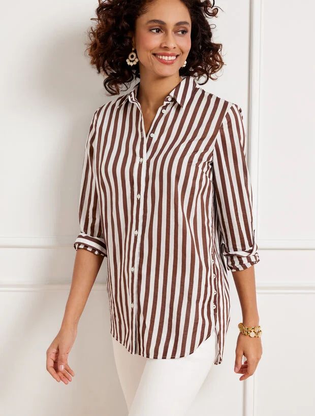 Side Button Boyfriend Shirt - Sand Stripe | Talbots