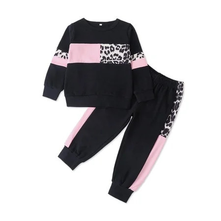 PatPat Toddler Girls Clothes 2 Piece Long Sleeve Top & Pants Kids Back to School Splice Color Block Leopard Print Pullover Outfit Sets, Black, 4-5 Years | Walmart (US)