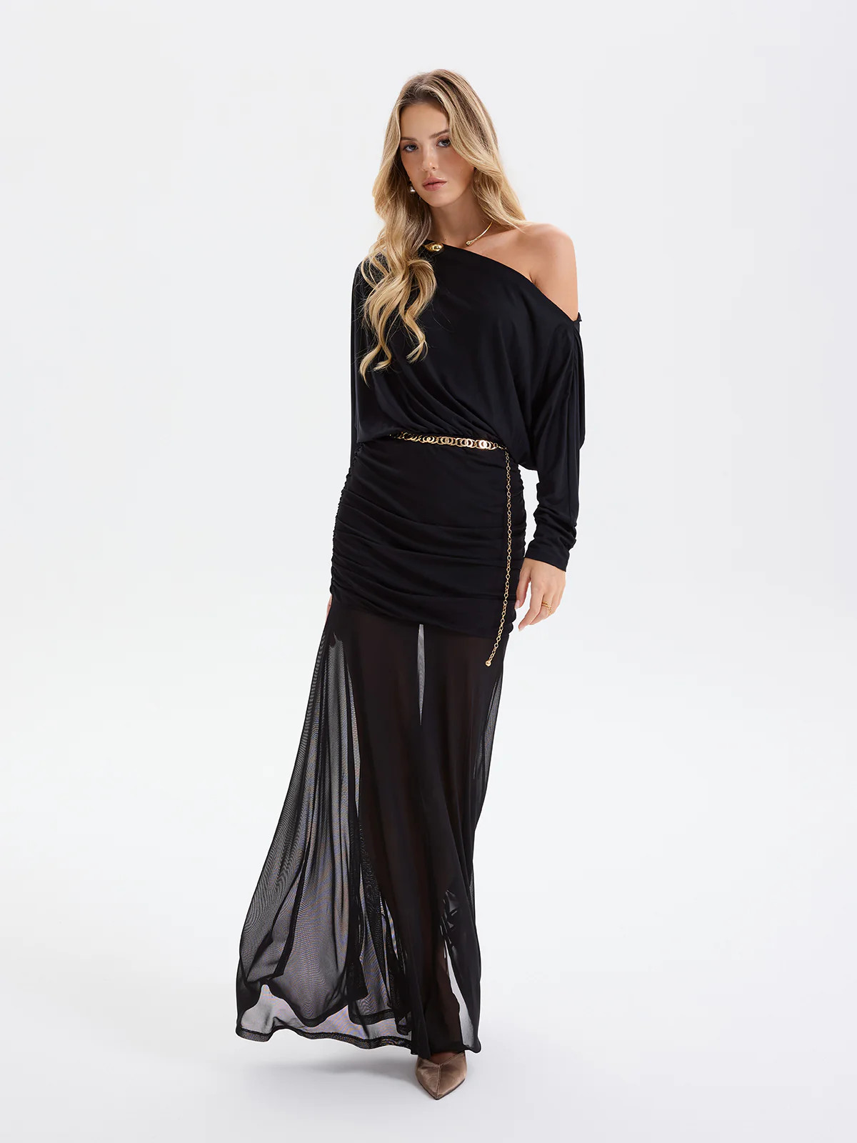 Mesh Panel Off-Shoulder Ruched Maxi Dress without Belt | Commense