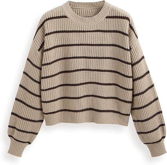 CIDER Women’s Cropped Striped Sweater Long Sleeve Crew Neck Trendy Pullover Tops | Amazon (US)
