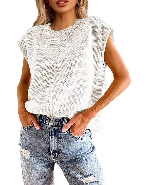Saodimallsu Womens Summer Cap Sleeve Tops Casual Crew Neck Loose Fit Knit Lightweight Sweater Pul... | Amazon (US)