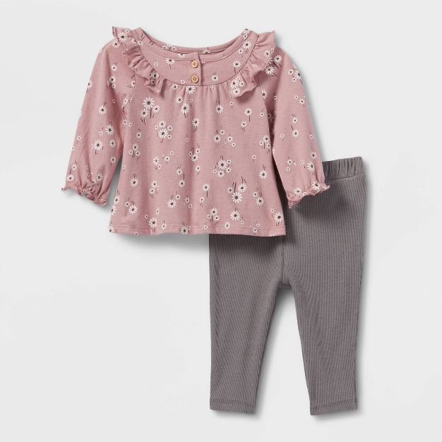 Grayson Collective Baby Girls' 2pc Cozy Floral Ribbed Top & Bottom Set - Rose Pink | Target