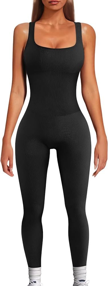 AUTOMET Women's Yoga Ribbed One Piece Tank Tops Rompers Sleeveless Workout Bodysuits Exercise Jum... | Amazon (US)