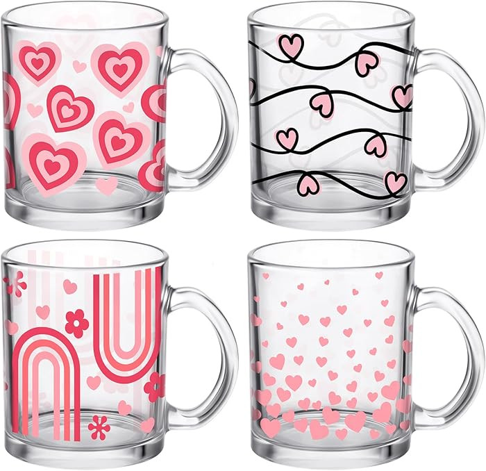 Bokon 4 Pcs Valentine Glass Cups with Handle 12 oz Heart Coffee Mugs Bulk Heart Flower Glass Iced... | Amazon (US)