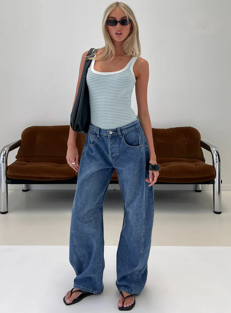 Normana Mid Rise Cropped Barrel Jeans Mid Blue Wash | Princess Polly US